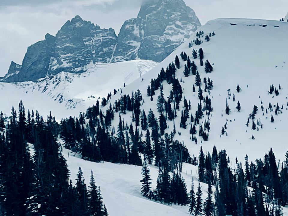 The Grand Teton rising above snowy slopes at Grand Targhee