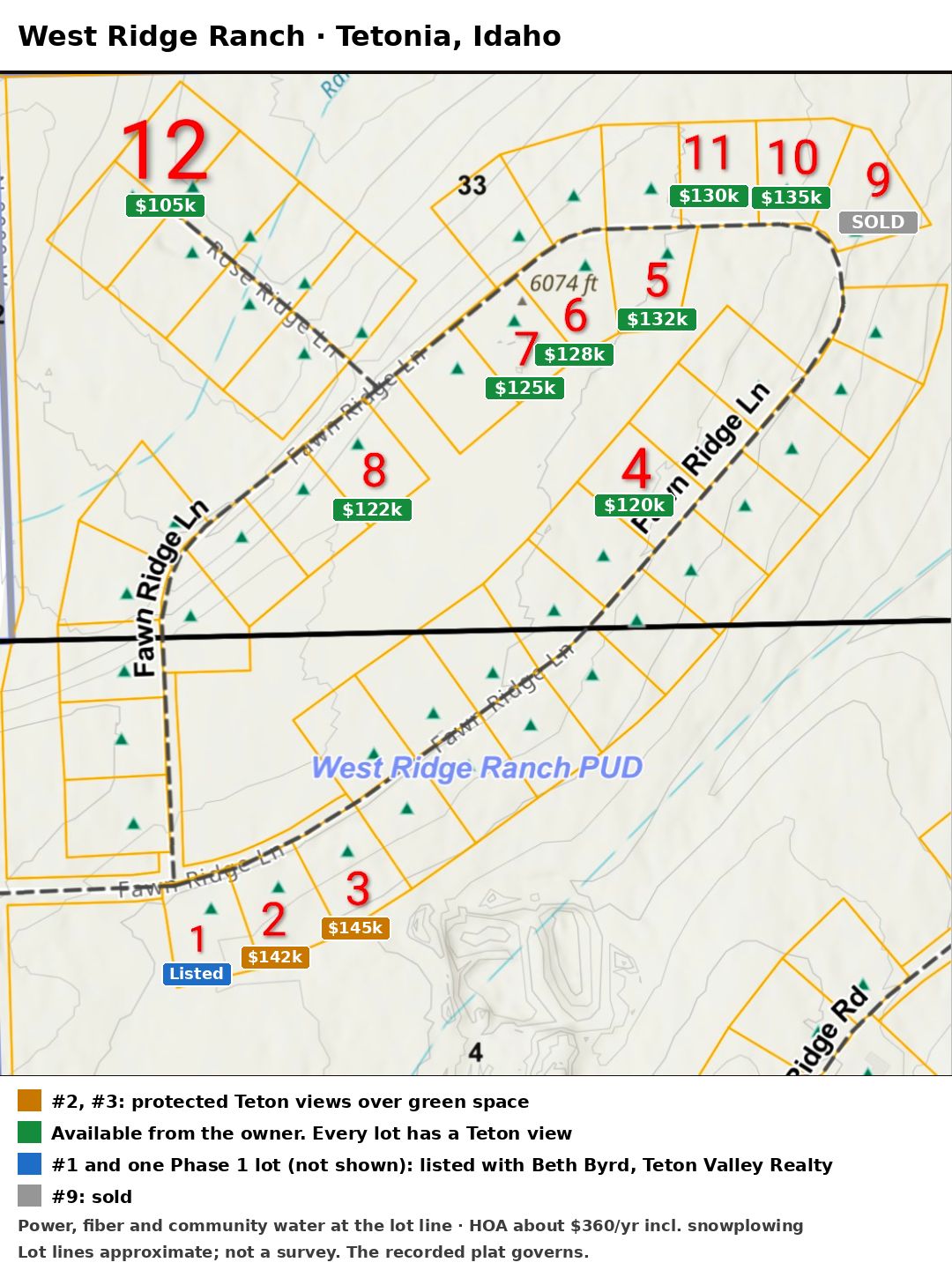 Map of West Ridge Ranch showing lot numbers 1 to 12 along Fawn Ridge Lane and Rose Ridge Lane, with available lots and prices marked